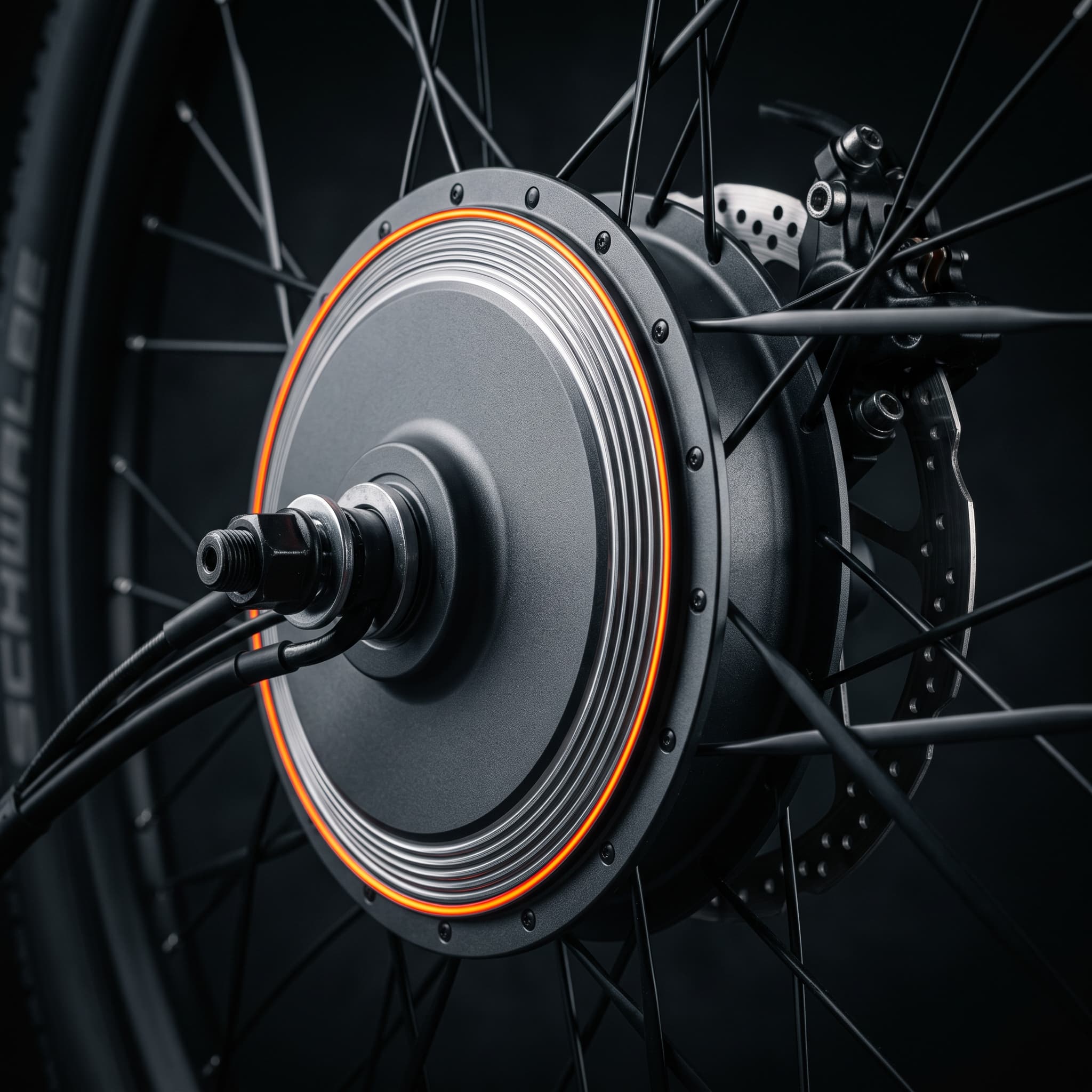 Close-up of the Vektr rear hub motor with its orange accent ring